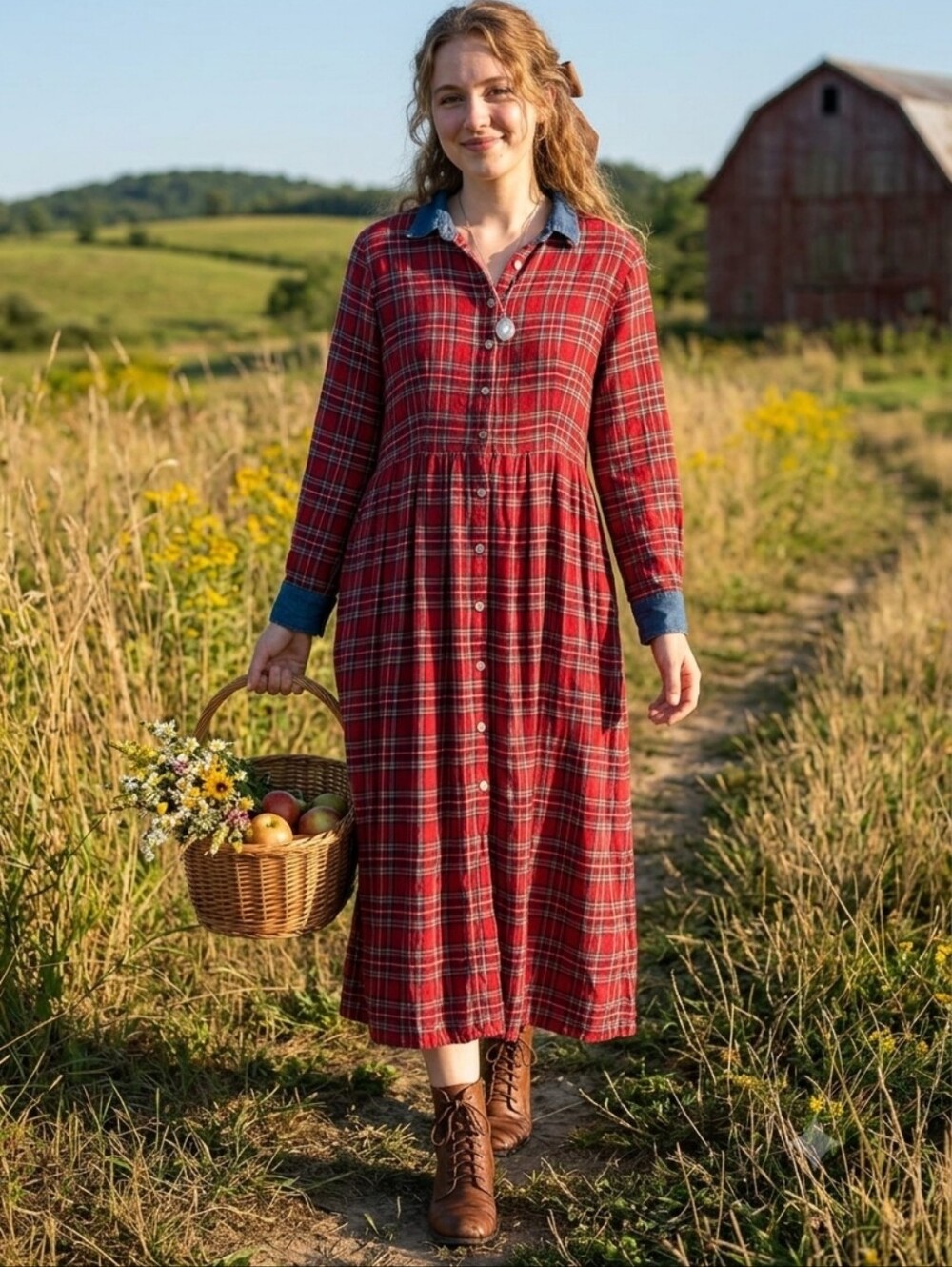 Vintage Country Wear Womens Red Plaid Flannel Maxi Shirt Dress US 14